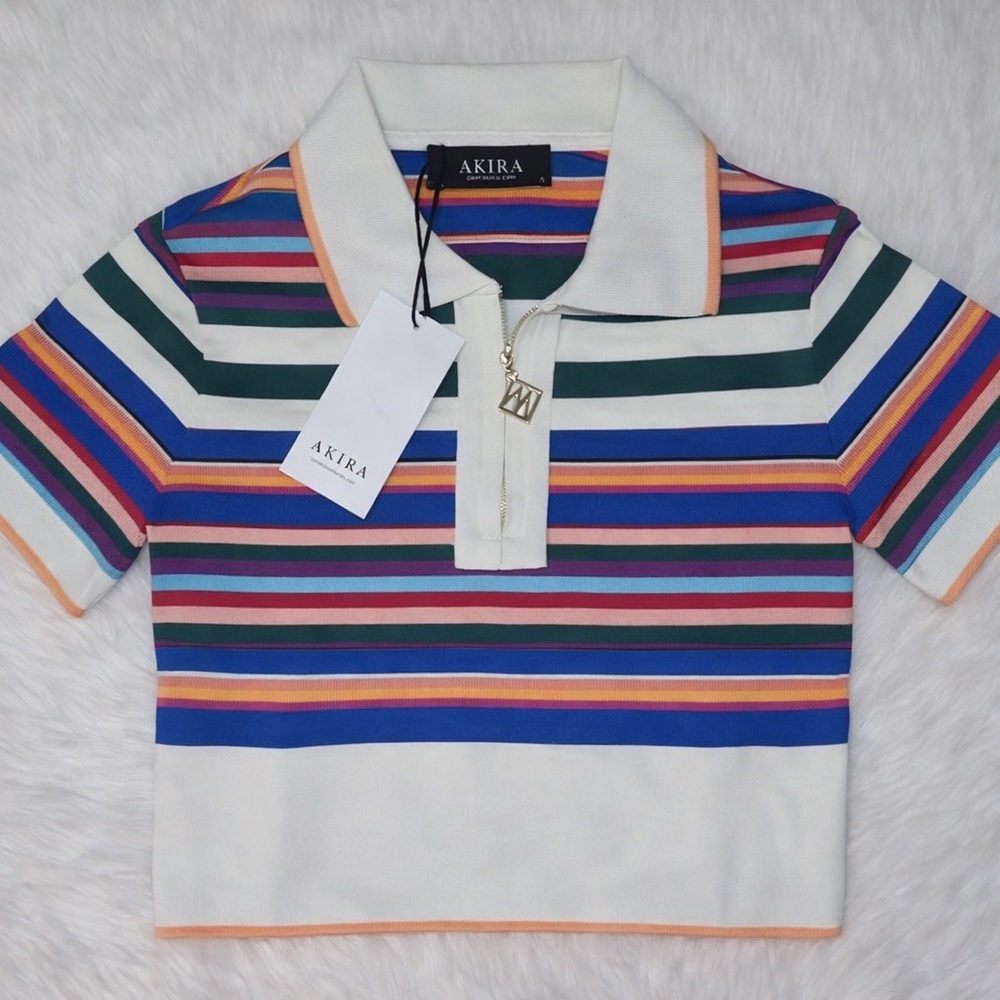 AKIRA Colorful Striped Crop Polo